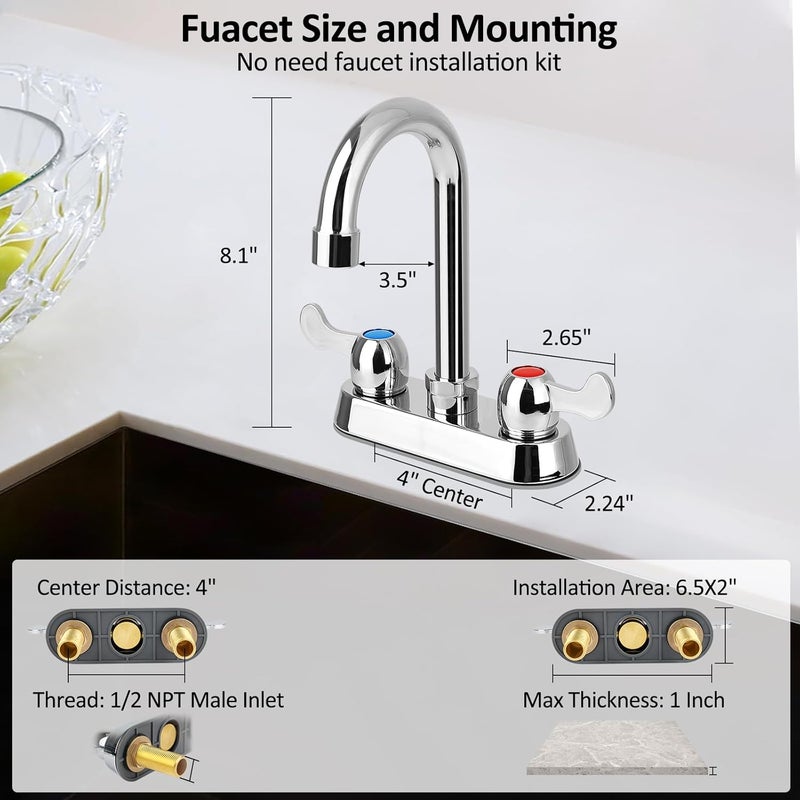 KWODE 4" Center Commercial Bar Sink Faucet, 2-Hole Deck Mount Utility Sink Faucet with 3-1/2" Gooseneck Swivel Spout & Dual Lever Handles for Laundry Tub RV Bar Sink, Brass Constructed, Chrome - Image 2